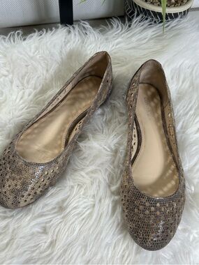 Calvin Klein Size 6 Metallic Taupe Snake-Print Ballet Flats